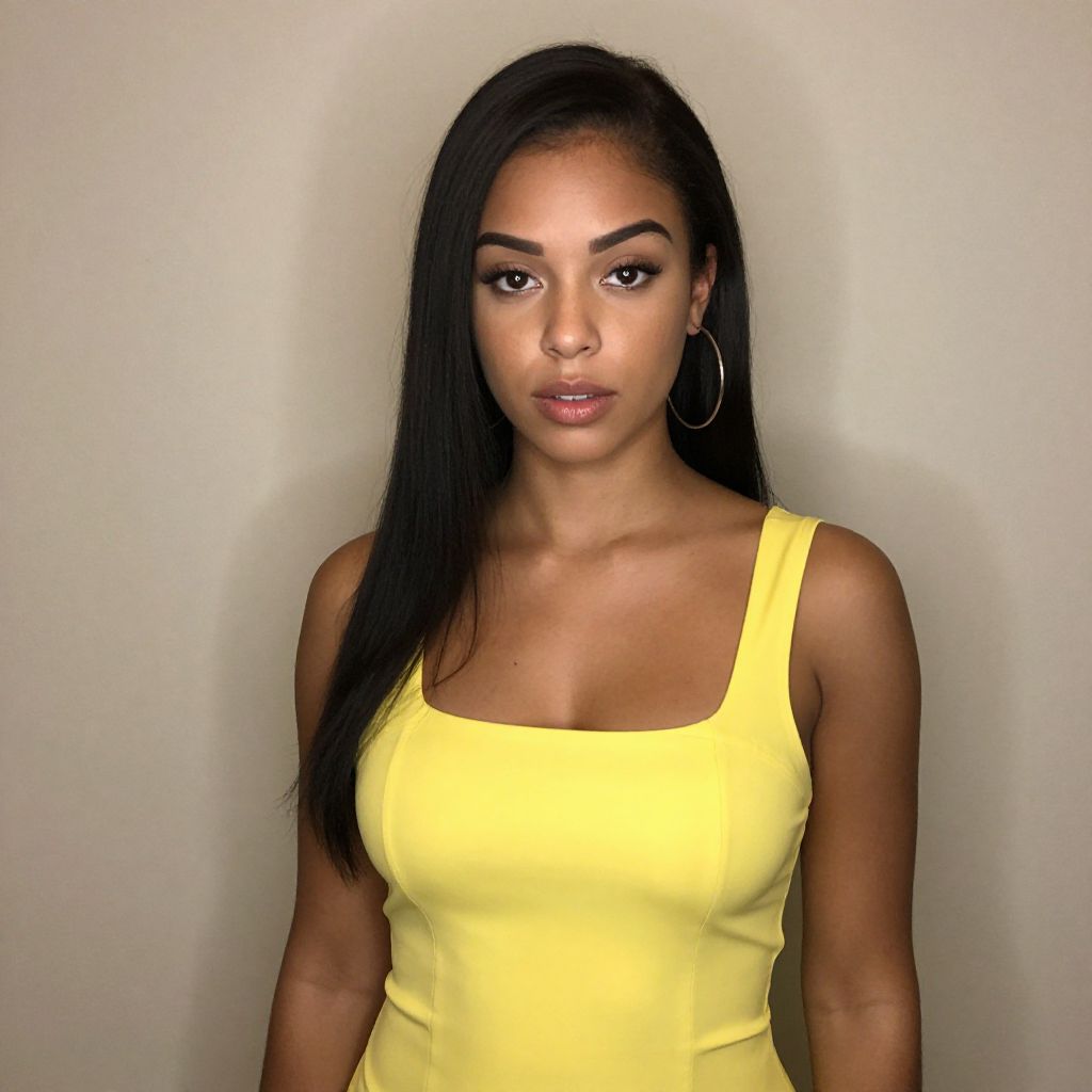 Portrait of Woman in Yellow Sleeveless Top with Hoop Earrings