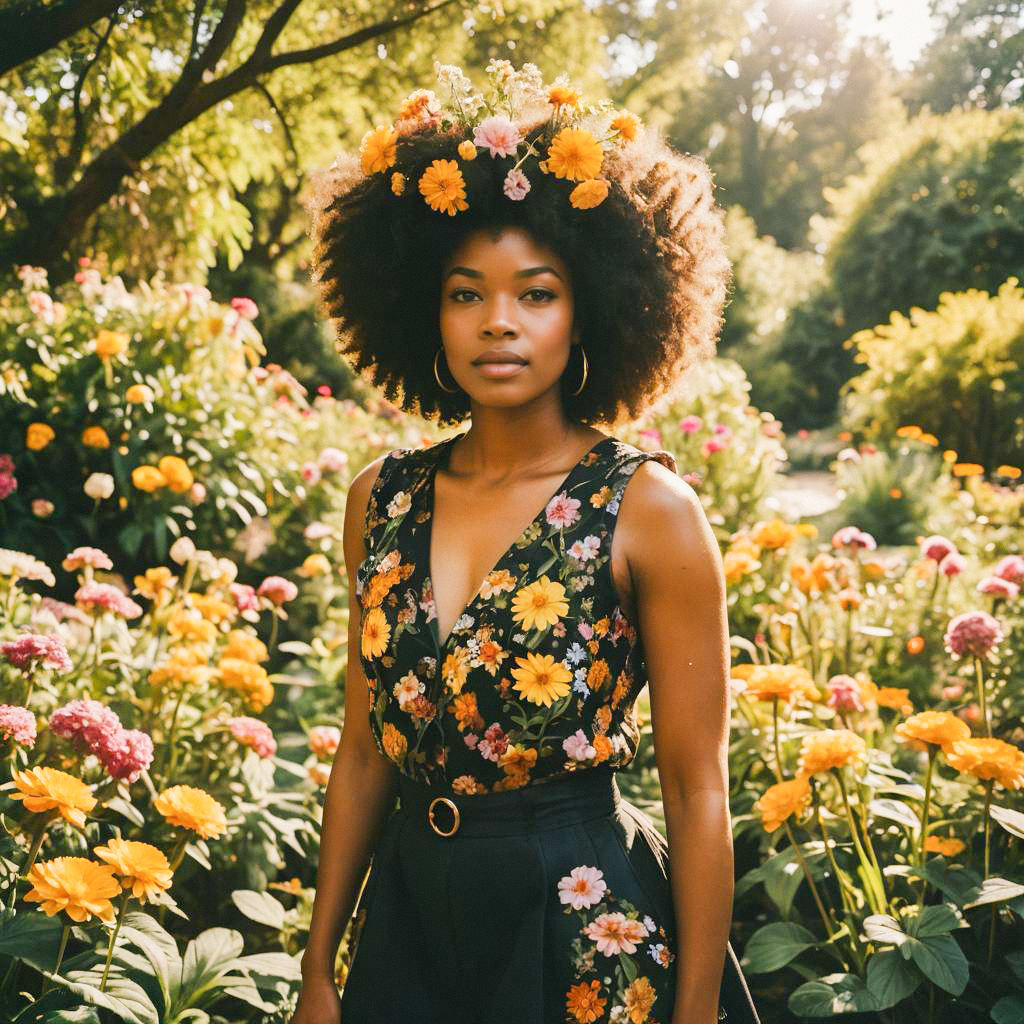 Young Woman in Floral Dress in Vibrant Garden