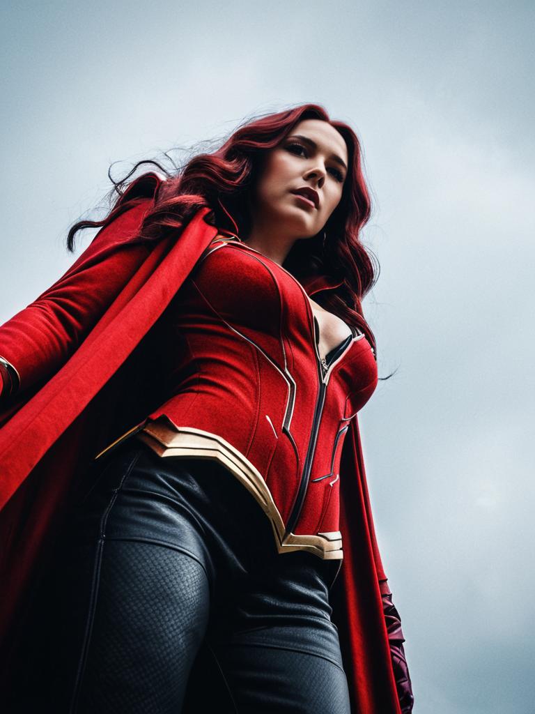 Dramatic Low Angle Portrait of Woman in Scarlet Witch Costume with Cinematic Realism