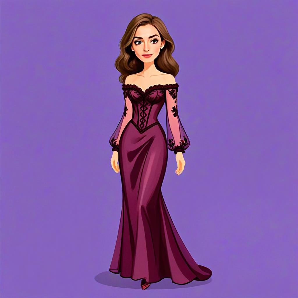 Woman in Burgundy Corset-Inspired Long Sleeve Gown Digital Illustration