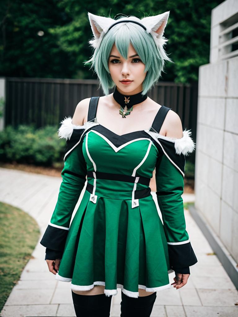 Arknights Cosplay Woman with Green Dress and Cat Ears