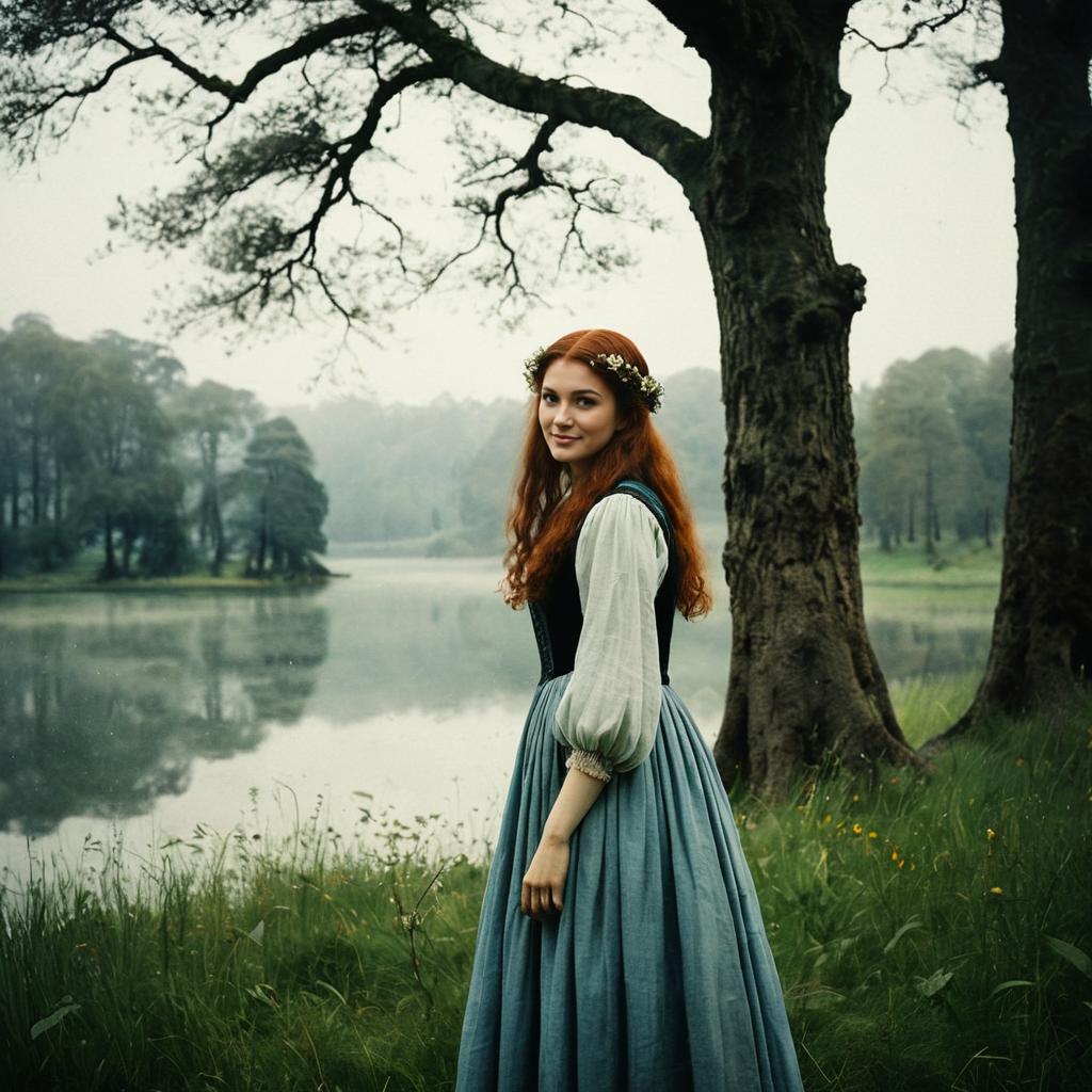 Young Woman in Vintage Dress by Lakeside in a Misty Forest
