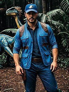 Man in Blue Jurassic World Costume Cosplay with Realistic Dinosaur