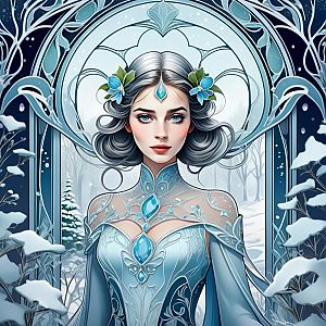 Elegant Woman in Icy Blue Gown in Snowy Forest