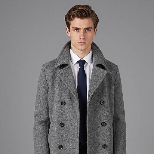 Young Man Wearing Classic Grey Double-Breasted Wool Coat with Tie