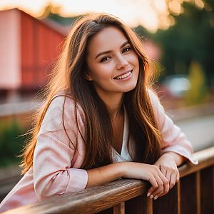 Smiling Young Woman Leaning on Wooden Railing in Soft Natural Light
