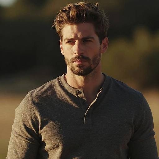Portrait of Young Man in Casual Grey Henley Shirt Outdoors