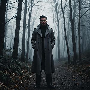 Confident Man on Foggy Forest Path