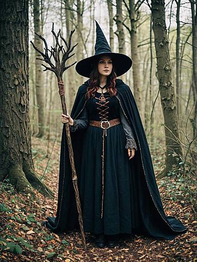 Woman in Woodland Witch Costume Full Body Cosplay Photo with Staff