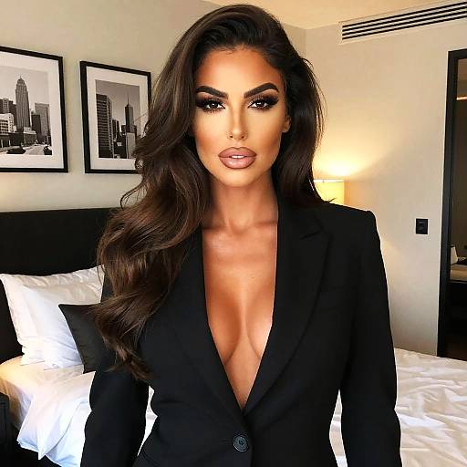 Glamorous Young Woman in Black Blazer with Chic Hair and Makeup