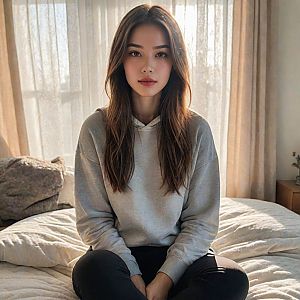 Relaxed Young Woman in Hoodie on Bed
