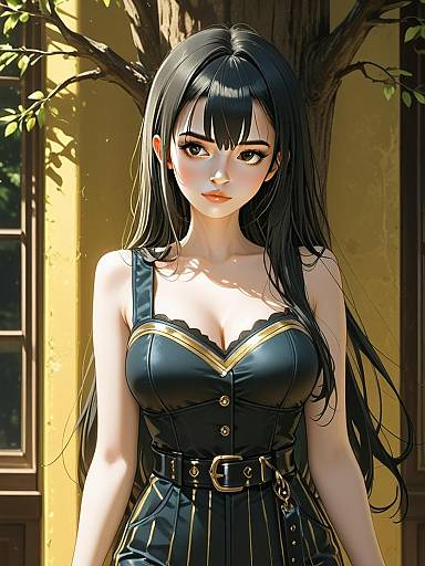 Stylish Anime-Inspired Woman in Black and Gold Corset Outfit Indoor Digital Art