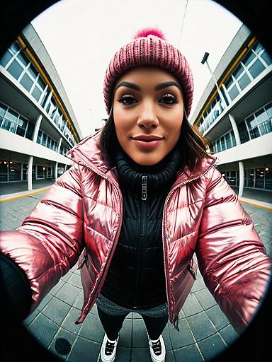 Woman in Modern Winter Chic Glossy Metallic Pink Puffer Jacket with Pink Beanie