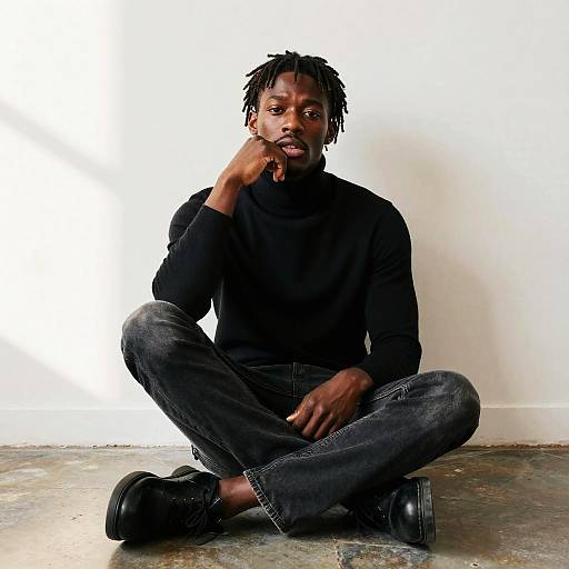 Young Man In Black Turtleneck Sitting Cross-Legged on Floor