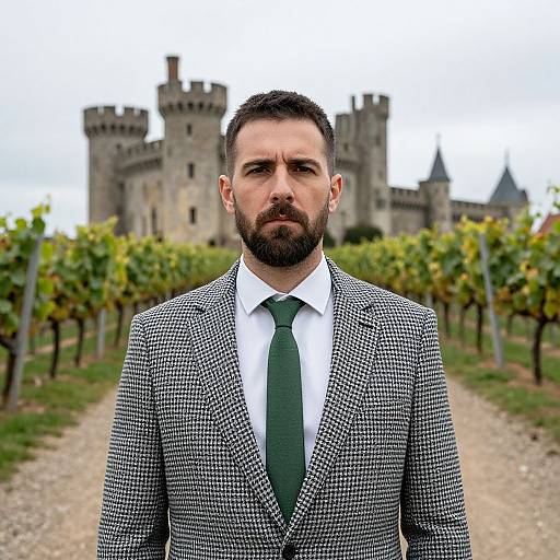 Man in Suit With Castle and Vineyard Background
