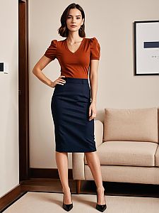 Confident Woman in Rust Top and Navy Pencil Skirt in Modern Living Room