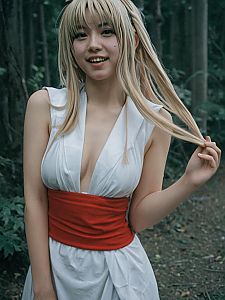 Blonde Woman in White Dress with Red Belt Smiling in Forest