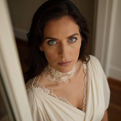 Close-Up Portrait of Woman in Cream Lace Dress