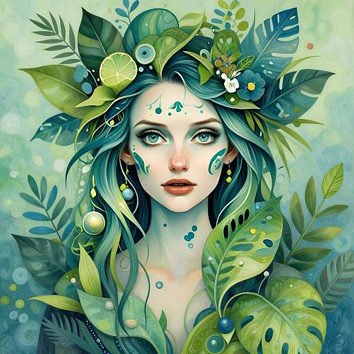 Fantasy Portrait of Woman with Botanical Headdress and Green Leaves
