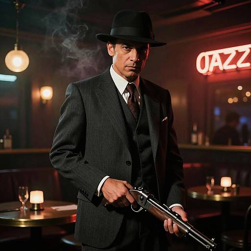 1920s Gangster Man with Shotgun in Jazz Club Vintage Noir Style