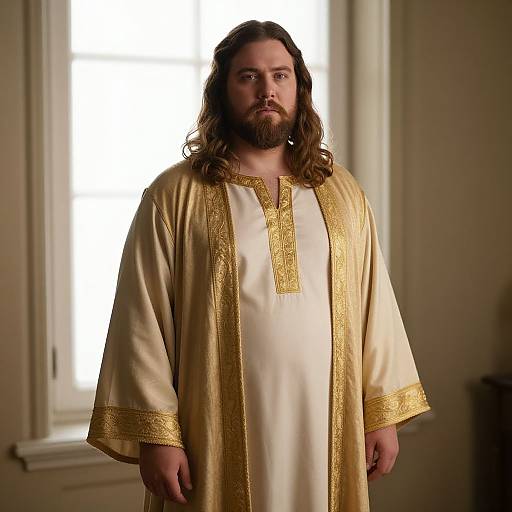 Man Wearing Traditional Cream and Gold Embroidered Robe Indoors