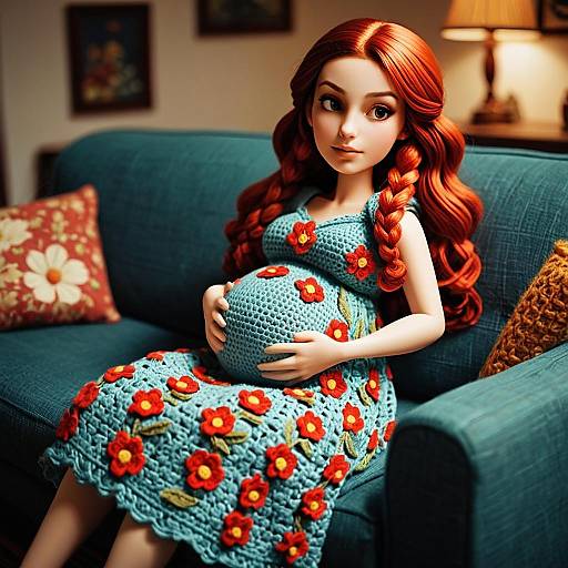 Pregnant Woman in Handcrafted Crochet Dress Sitting on Teal Couch Digital Illustration