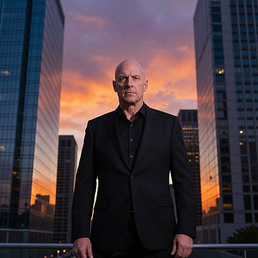Man in Black Suit Standing Between Skyscrapers at Sunset