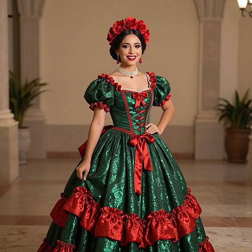 Woman in Traditional Mexican Folkloric Dress with Green and Red Accents