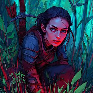 Futuristic Female Warrior in Neon Forest Digital Artwork