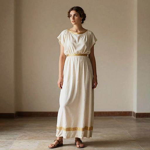 Woman in Ancient Greek Costume Wearing White Dress and Sandals