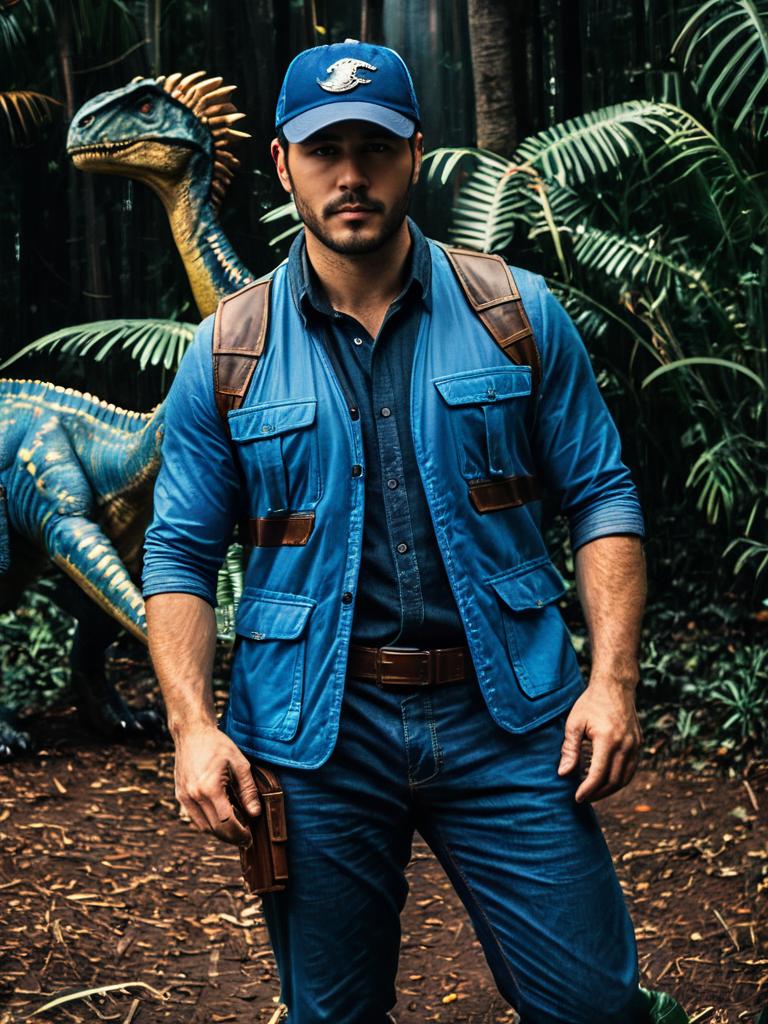 Man in Blue Jurassic World Costume Cosplay with Realistic Dinosaur