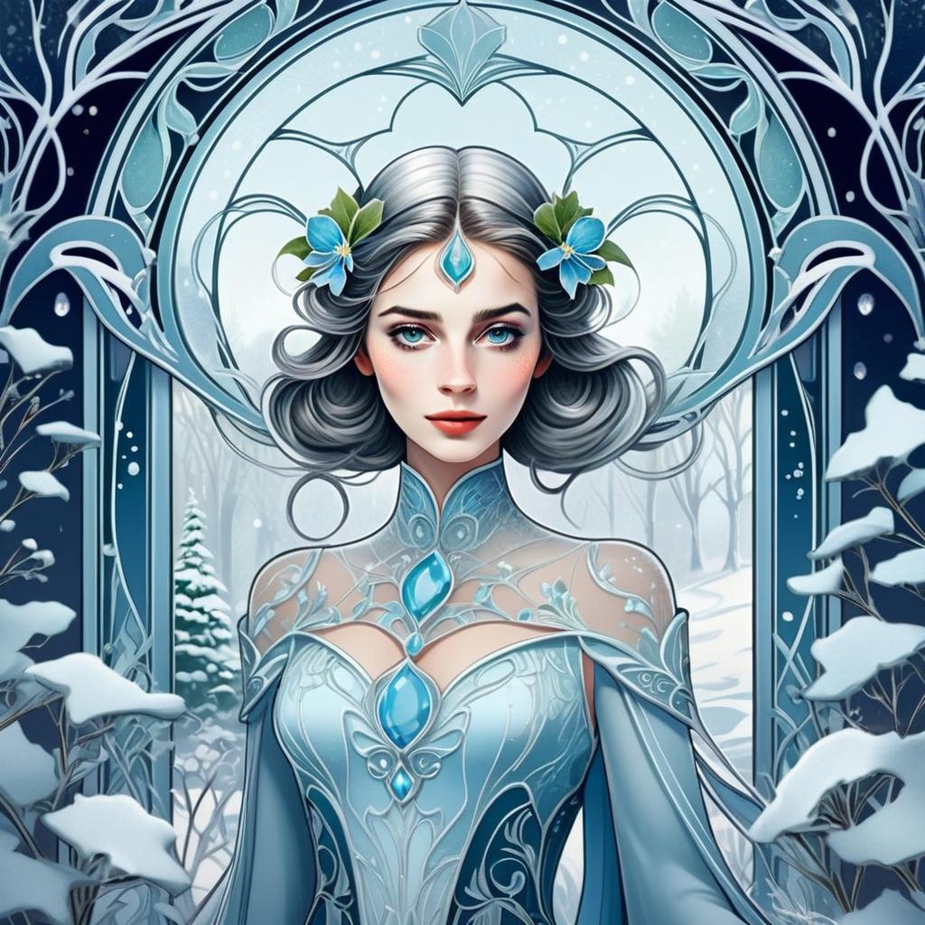 Elegant Woman in Icy Blue Gown in Snowy Forest