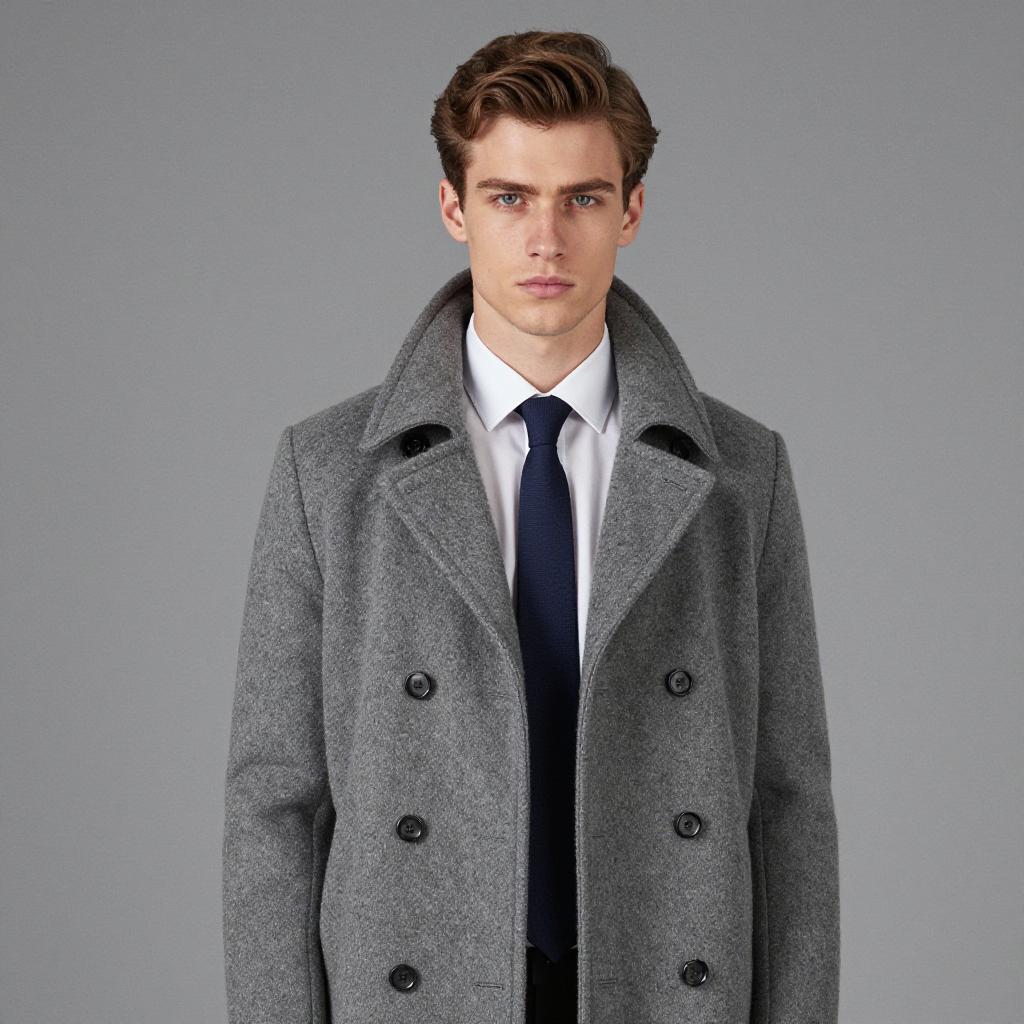 Young Man Wearing Classic Grey Double-Breasted Wool Coat with Tie