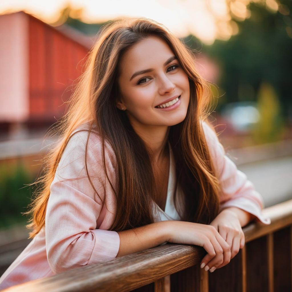 Smiling Young Woman Leaning on Wooden Railing in Soft Natural Light