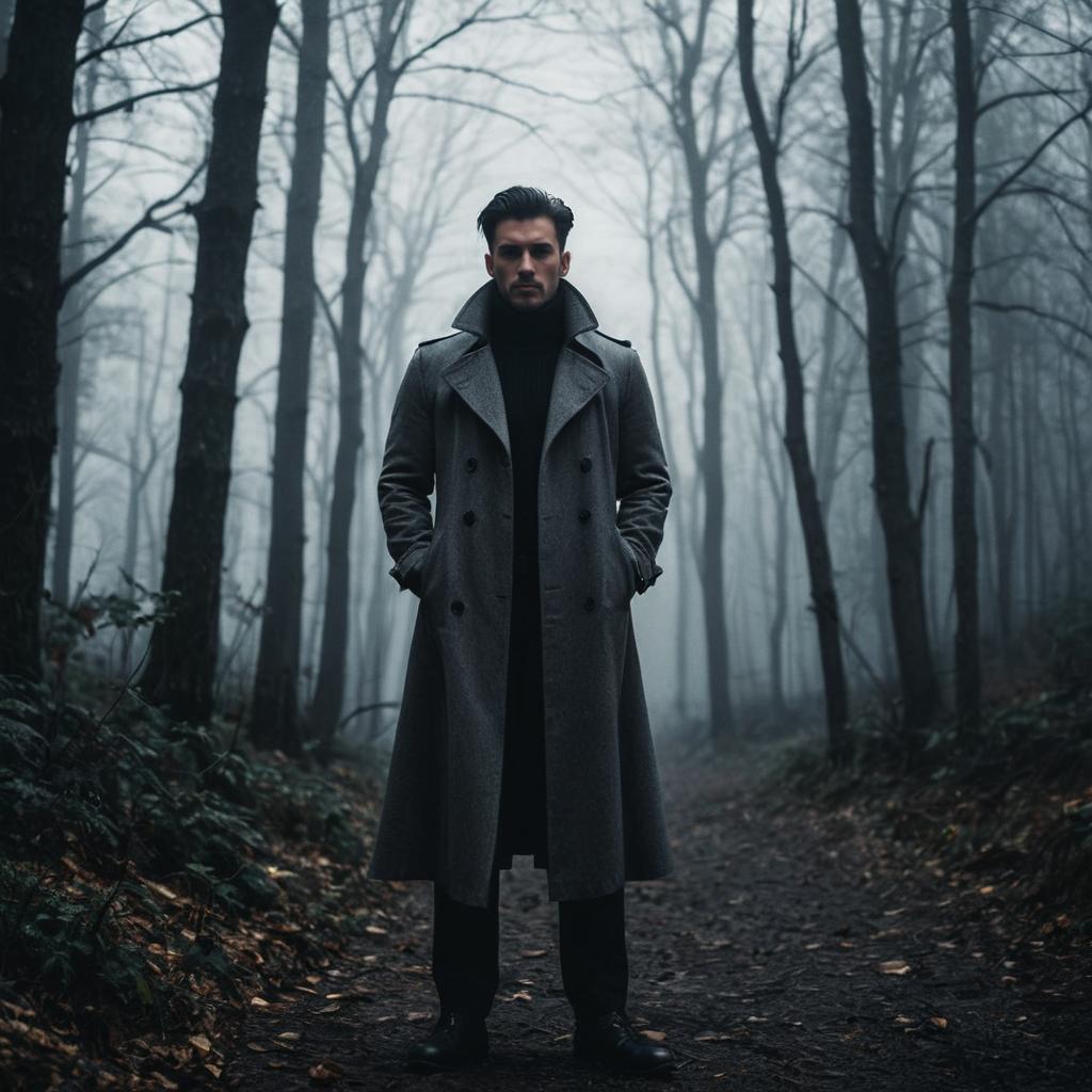 Confident Man on Foggy Forest Path