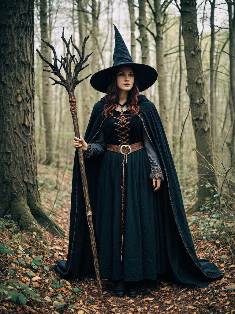 Woman in Woodland Witch Costume Full Body Cosplay Photo with Staff