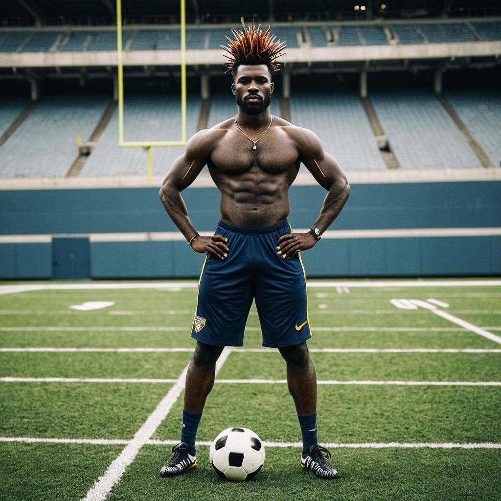 Confident Muscular Man on Soccer Field Confident Muscular Man on Soccer Field