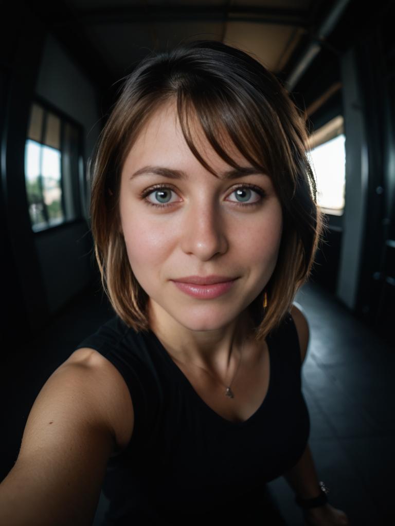 Woman with Short Brown Hair and Green Eyes in Indoor Setting