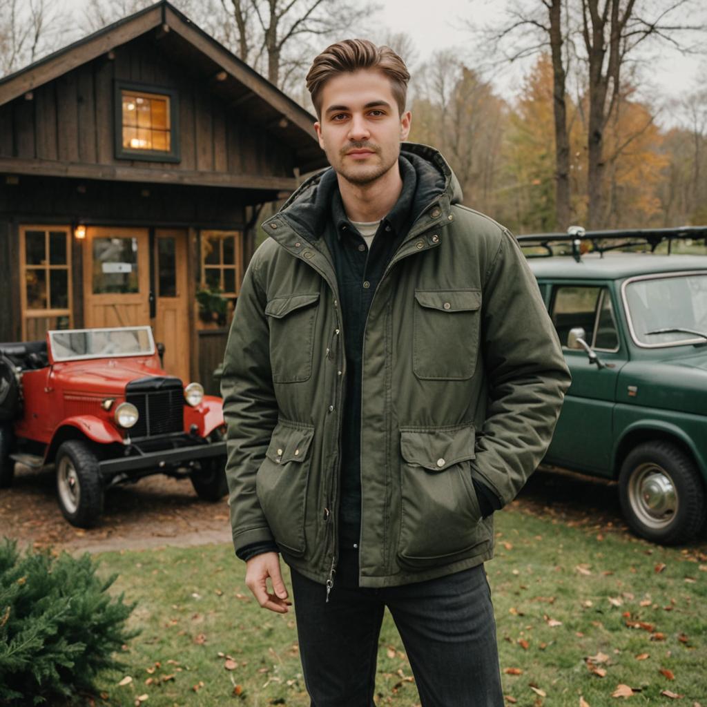 Confident Man with Vintage Car and Rustic Cabin