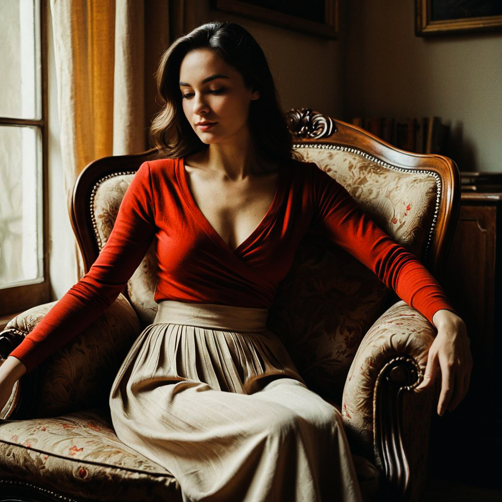 Woman in Red Top Seated in Vintage Armchair Woman in Red Top Seated in Vintage Armchair