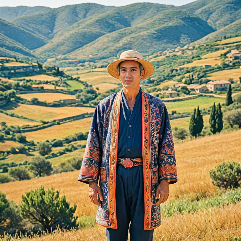 Man in Traditional Robe and Straw Hat in Rural Landscape