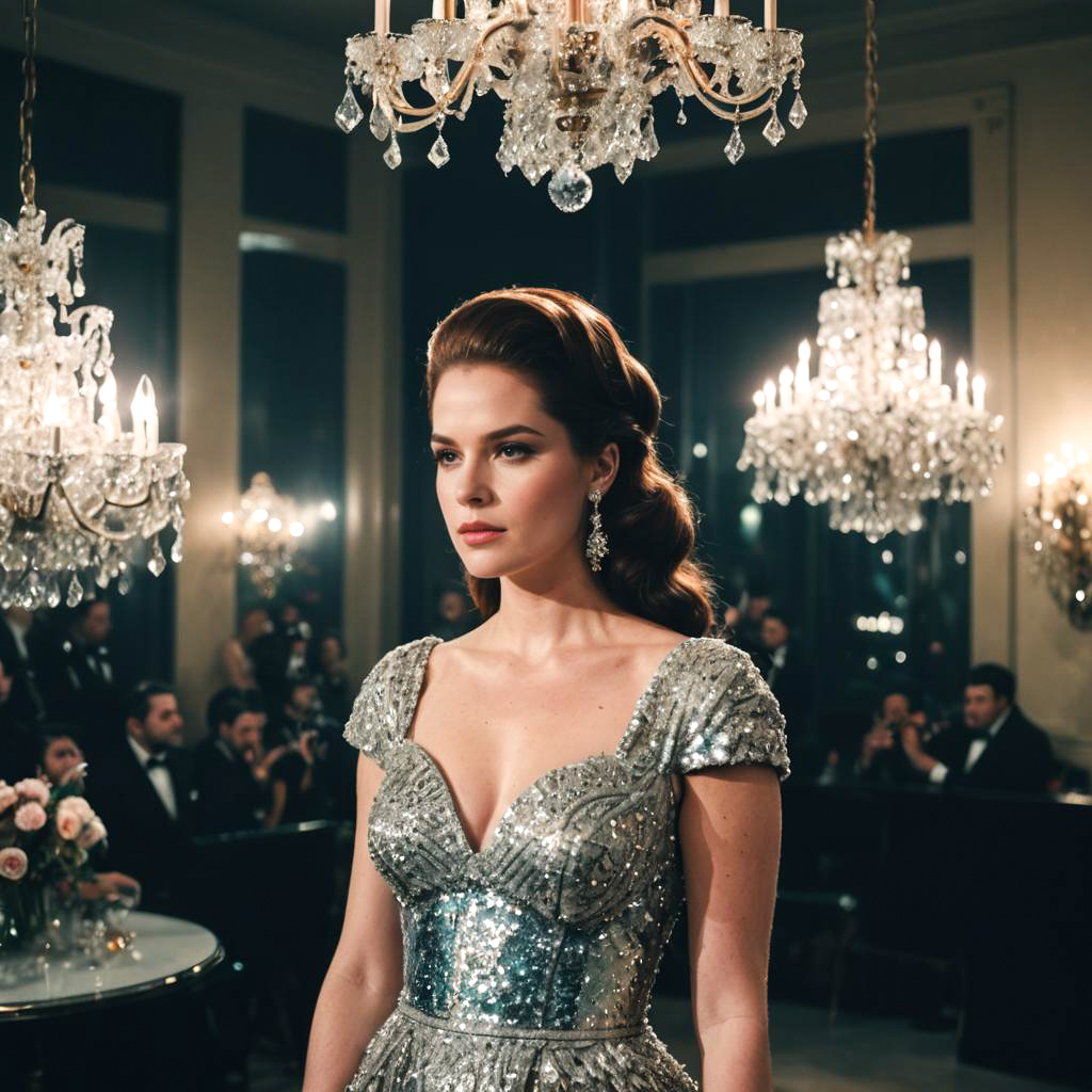 Glamorous Woman in Silver Gown Amidst Luxury Setting