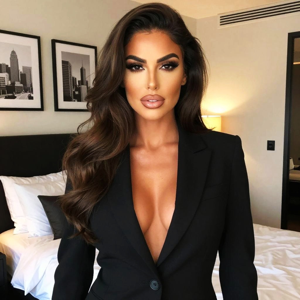 Glamorous Young Woman in Black Blazer with Chic Hair and Makeup