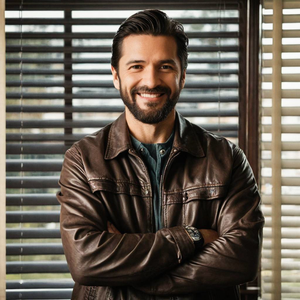 Confident man in leather jacket by window Confident man in leather jacket by window