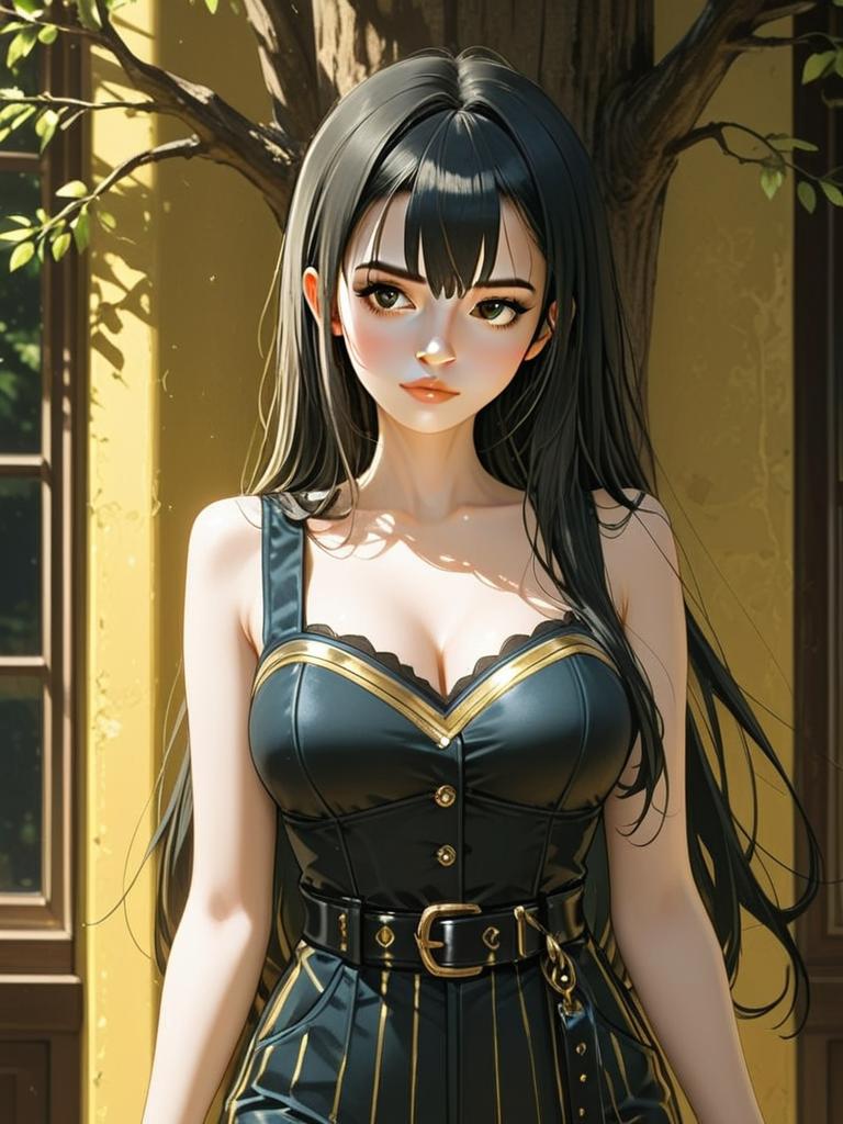 Stylish Anime-Inspired Woman in Black and Gold Corset Outfit Indoor Digital Art