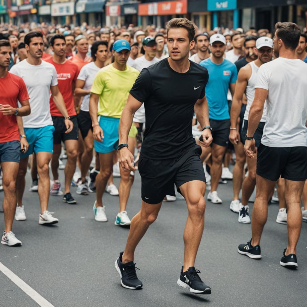 Determined Leader Guiding Runners in Urban Setting