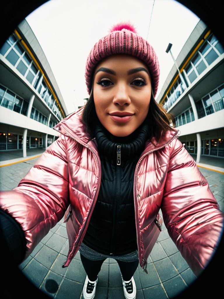 Woman in Modern Winter Chic Glossy Metallic Pink Puffer Jacket with Pink Beanie