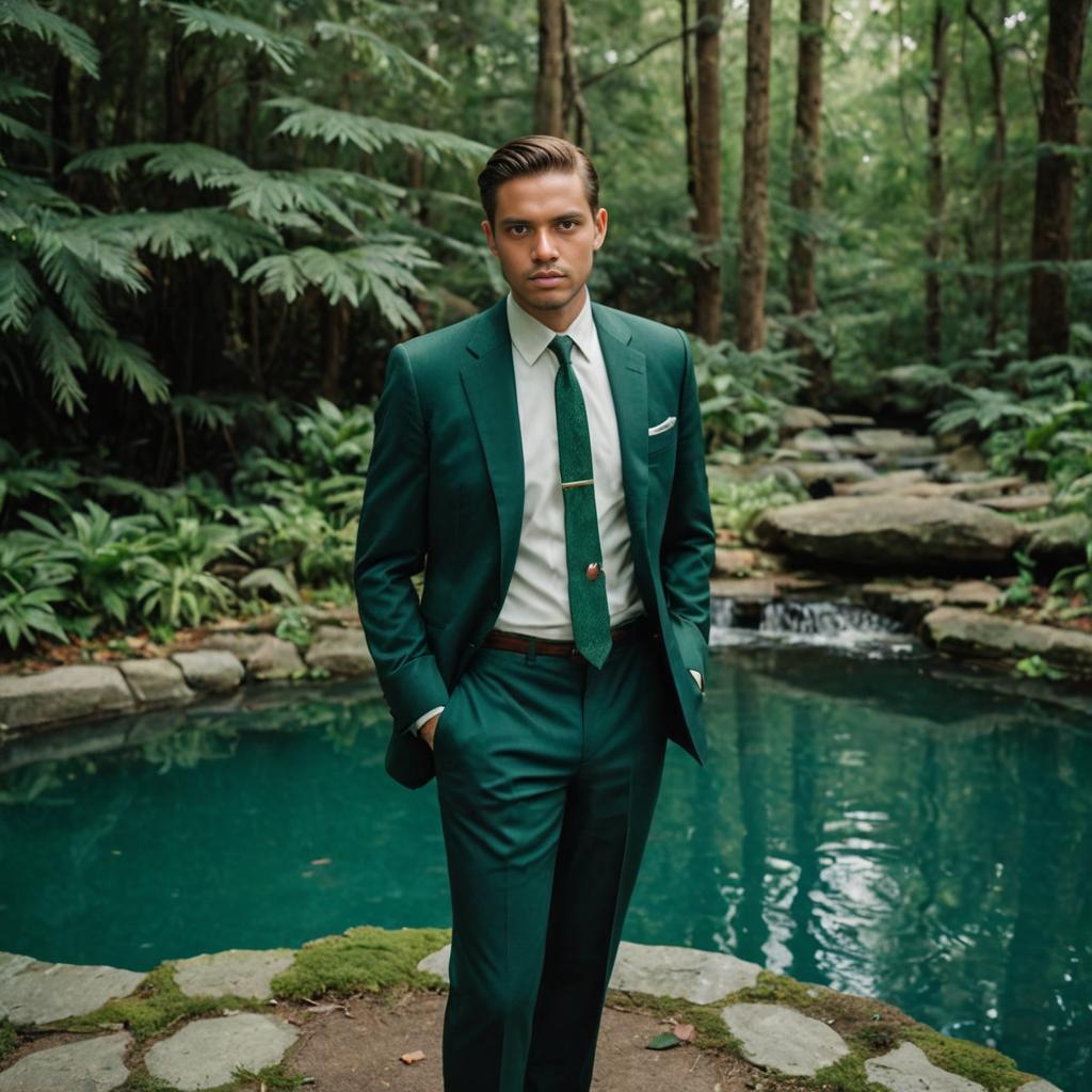 Confident Man in Green Suit by Tranquil Pond