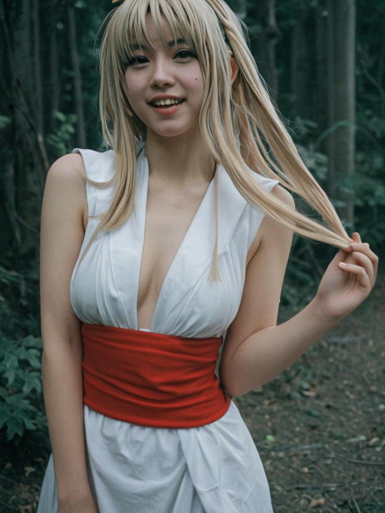Blonde Woman in White Dress with Red Belt Smiling in Forest