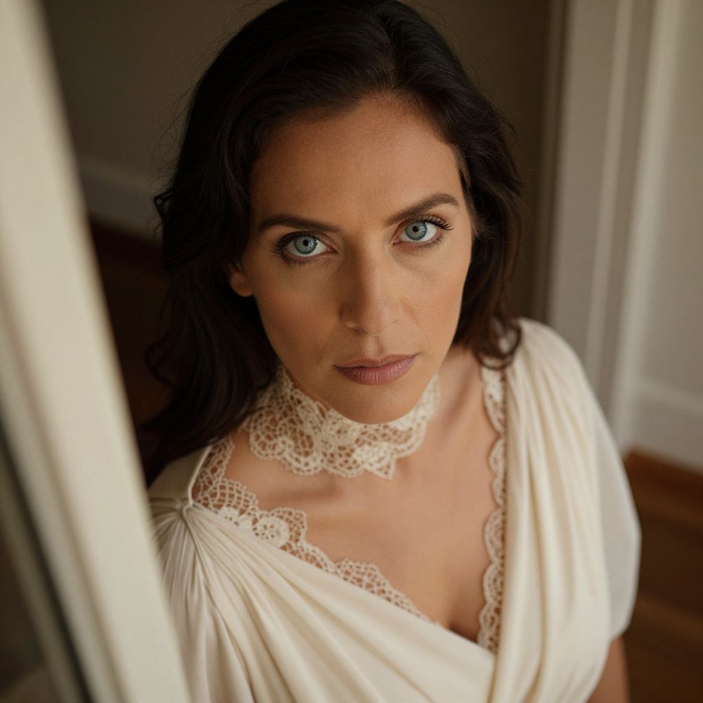 Close-Up Portrait of Woman in Cream Lace Dress